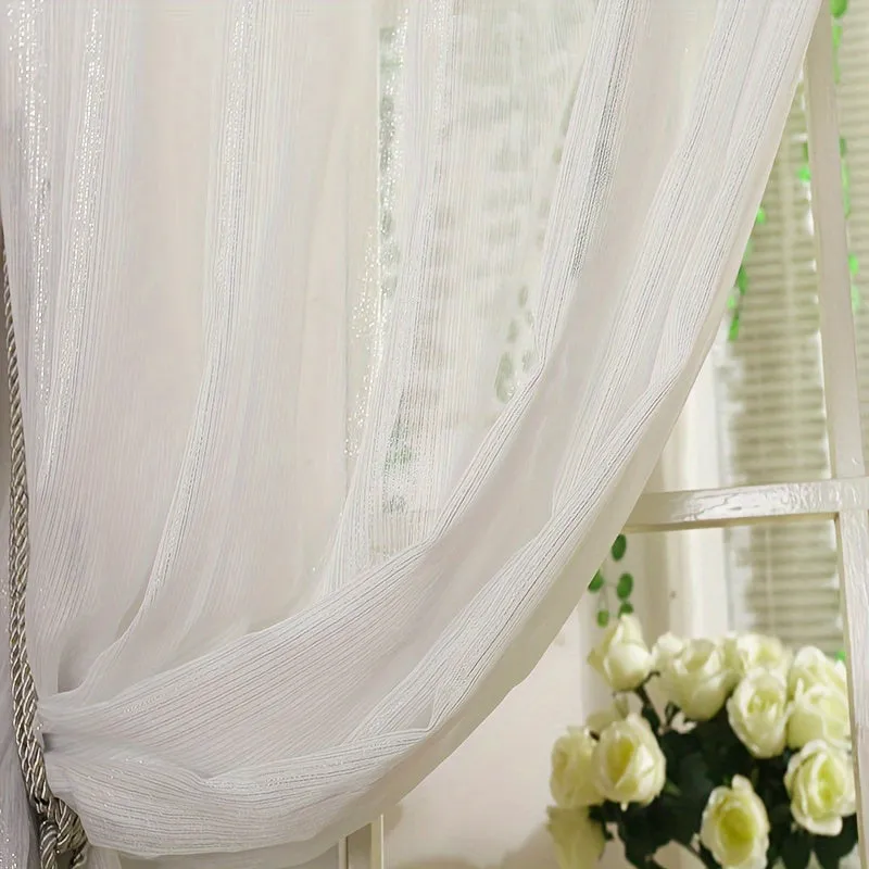 1pc Modern White Shiny Tulle Curtains - Stripe Window Sheer for Bedroom, Office, Kitchen, Living Room, Study - Elegant Home Decor