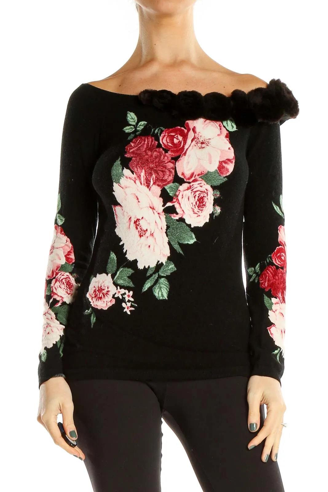 Black Floral Print Retro Funky Top