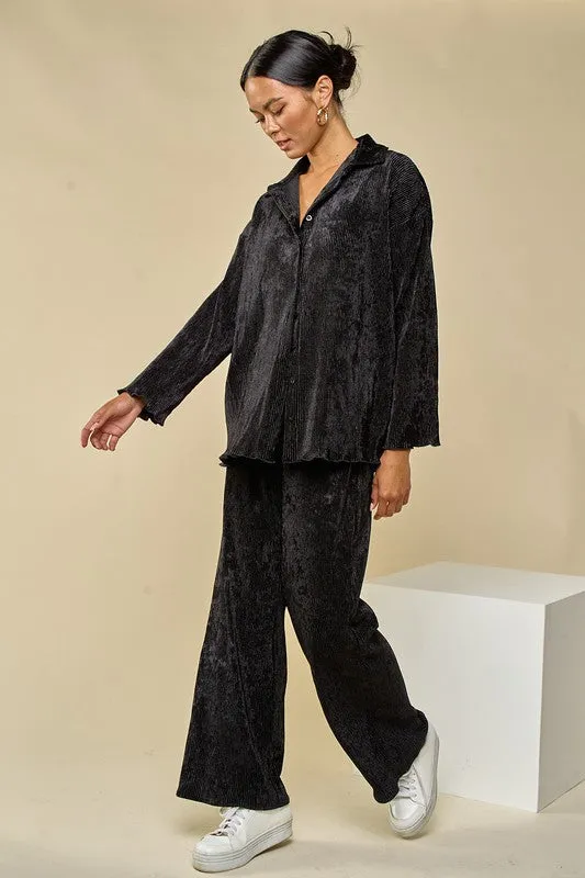 Black Velvet Pleated Collar Shirts& Wide Leg Pants Set