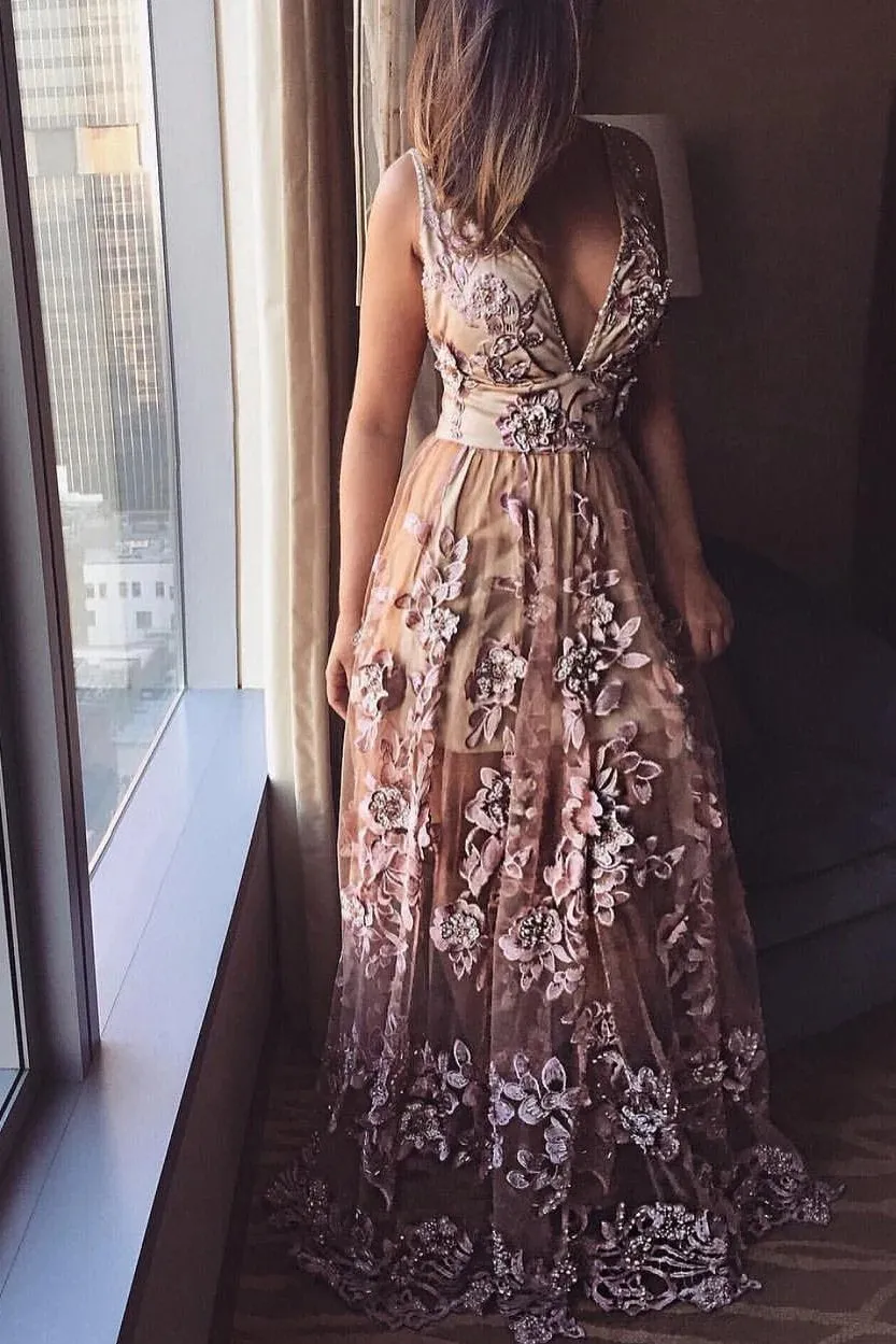 Deep V Neck Lace Applique A-line Prom Dresses, Beads Long Formal Dresses SWK15139