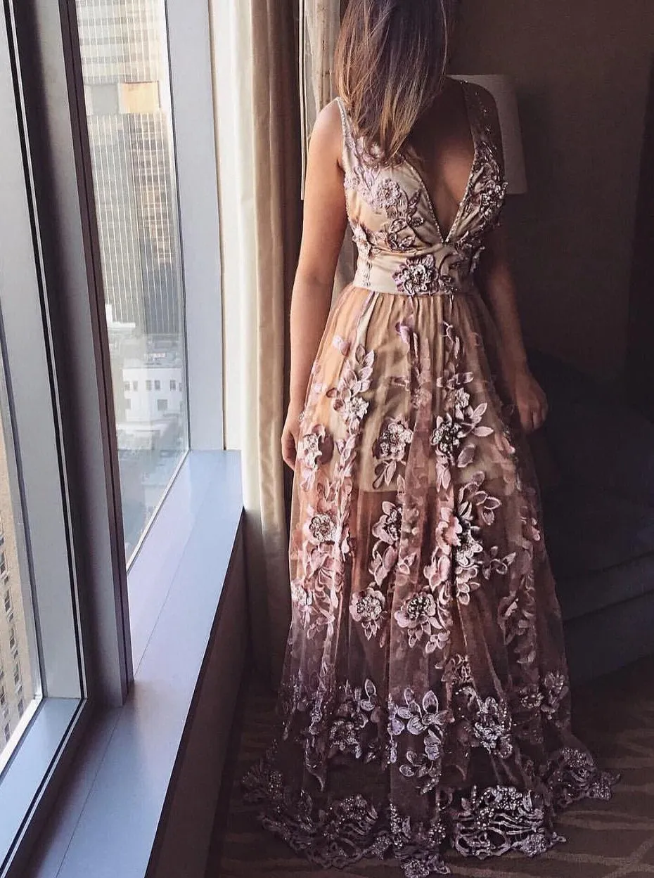 Deep V Neck Lace Applique A-line Prom Dresses, Beads Long Formal Dresses SWK15139