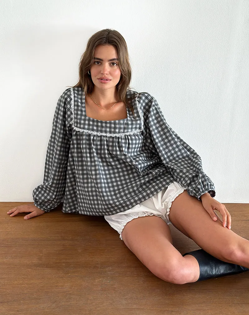 Demona Top in Tonal Gingham Black and Grey