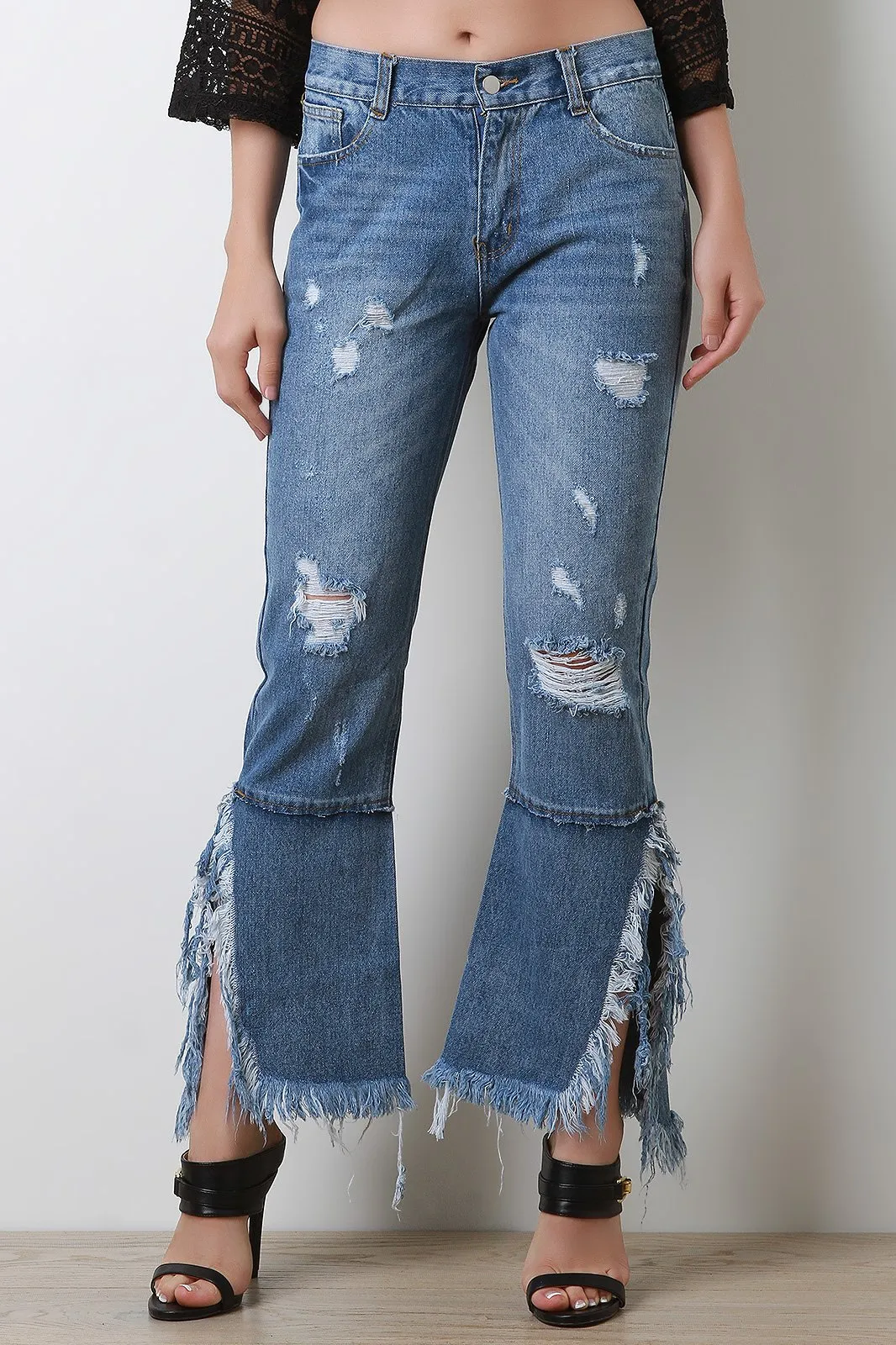 Distress Frayed Bell Bottom Denim Jeans