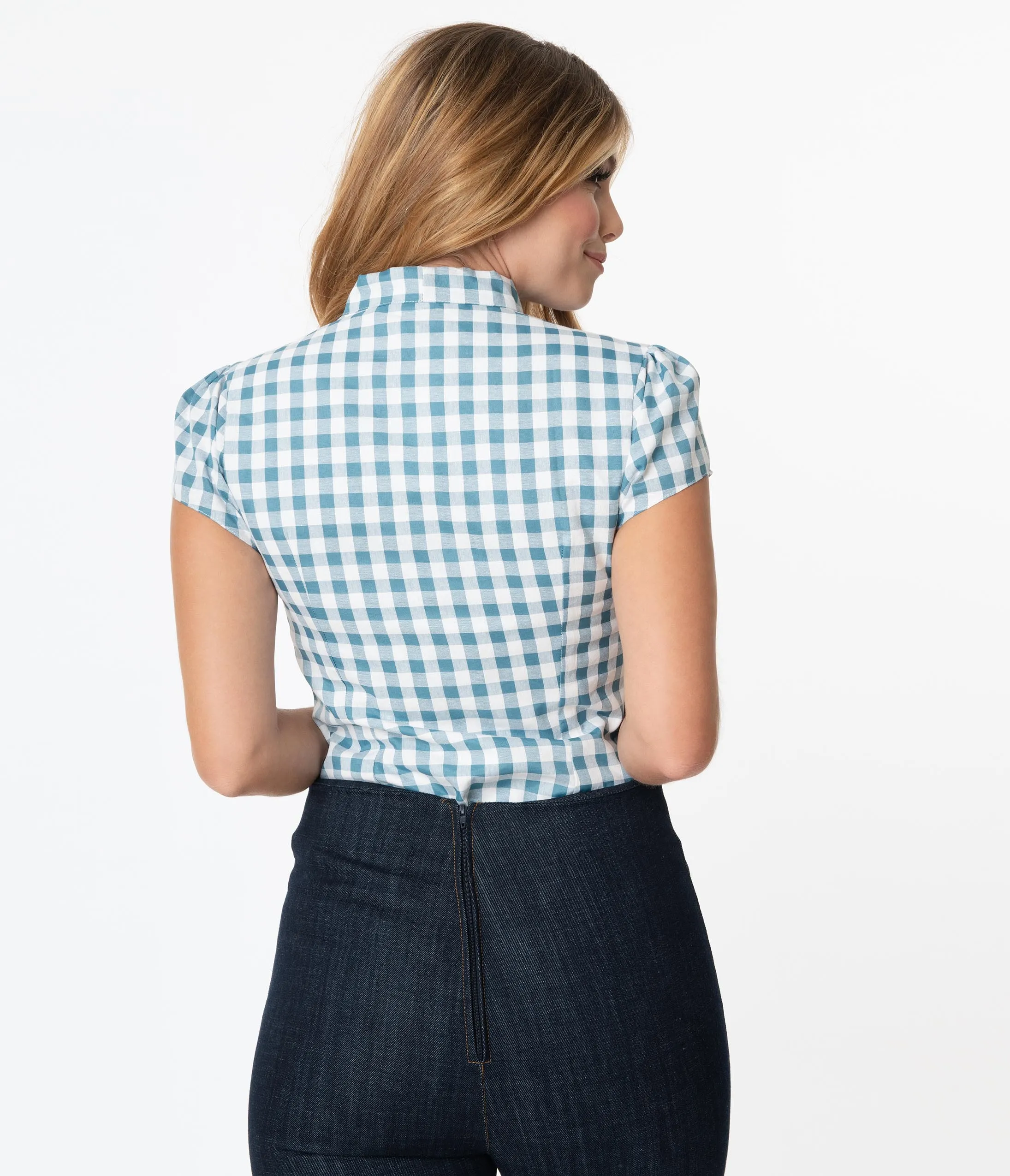 Dusty Blue & White Gingham Bow Blouse