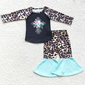 Easter Day Girls Clothing Leopard Bell Bottom Outfits 6 B3-1