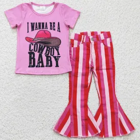 Fashion Baby Girls Clothes Short Sleeve T-shirt with Jeans Bell Bottom Pants Set GT0107 P0043