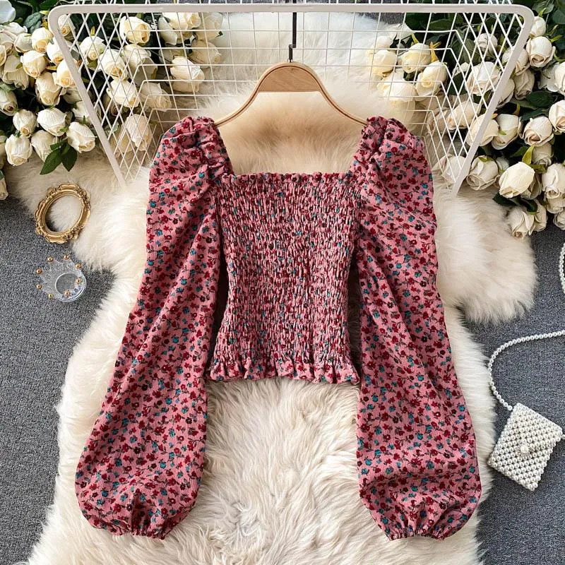 Fashion Puff Sleeve Retro Square Neck Floral Cropped Top