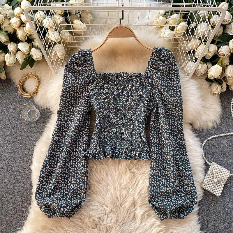 Fashion Puff Sleeve Retro Square Neck Floral Cropped Top