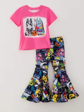 Girls Cartoon Print Top Bell-Bottom Pants Milk Silk Pink Outfits