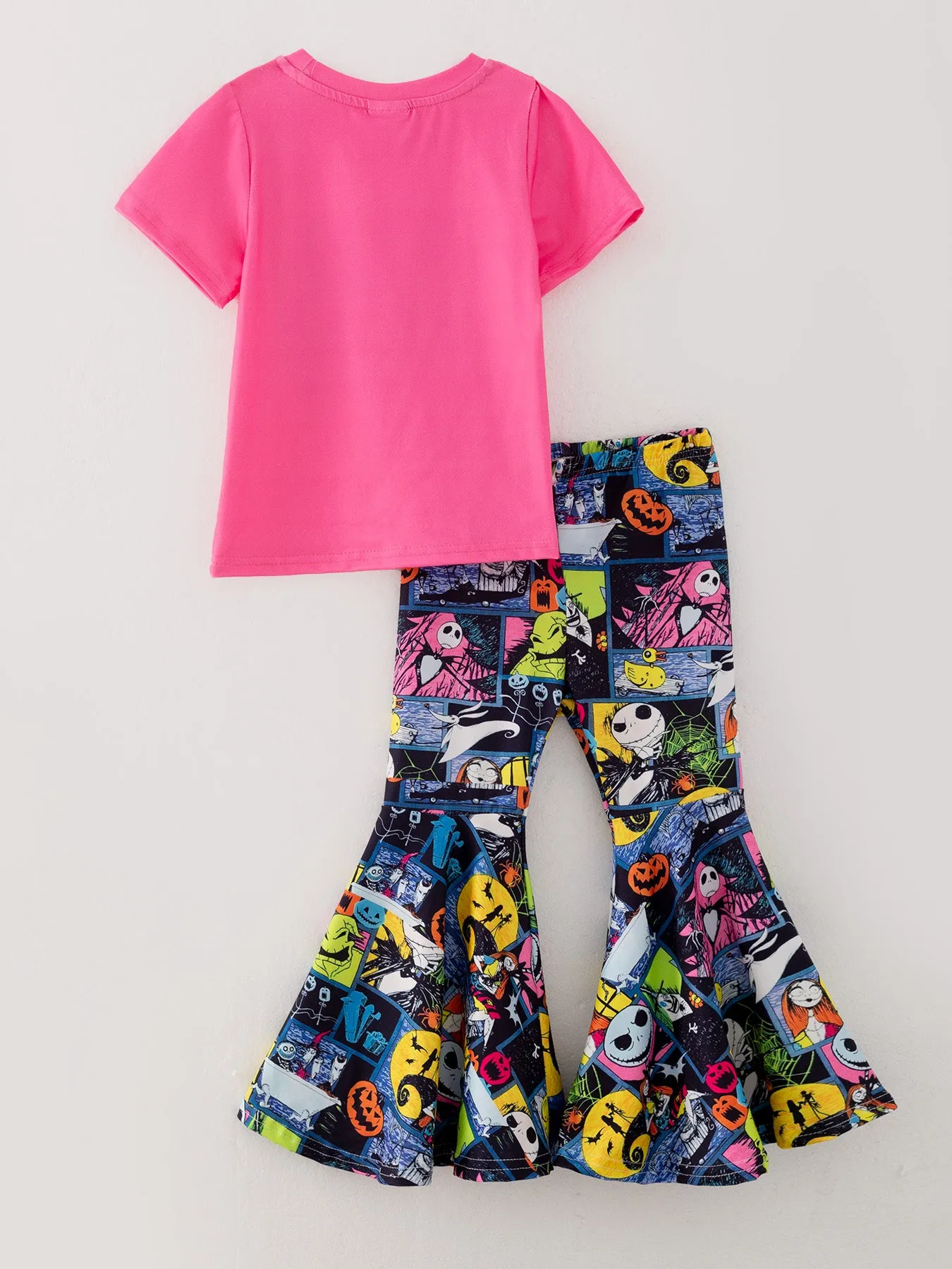 Girls Cartoon Print Top Bell-Bottom Pants Milk Silk Pink Outfits