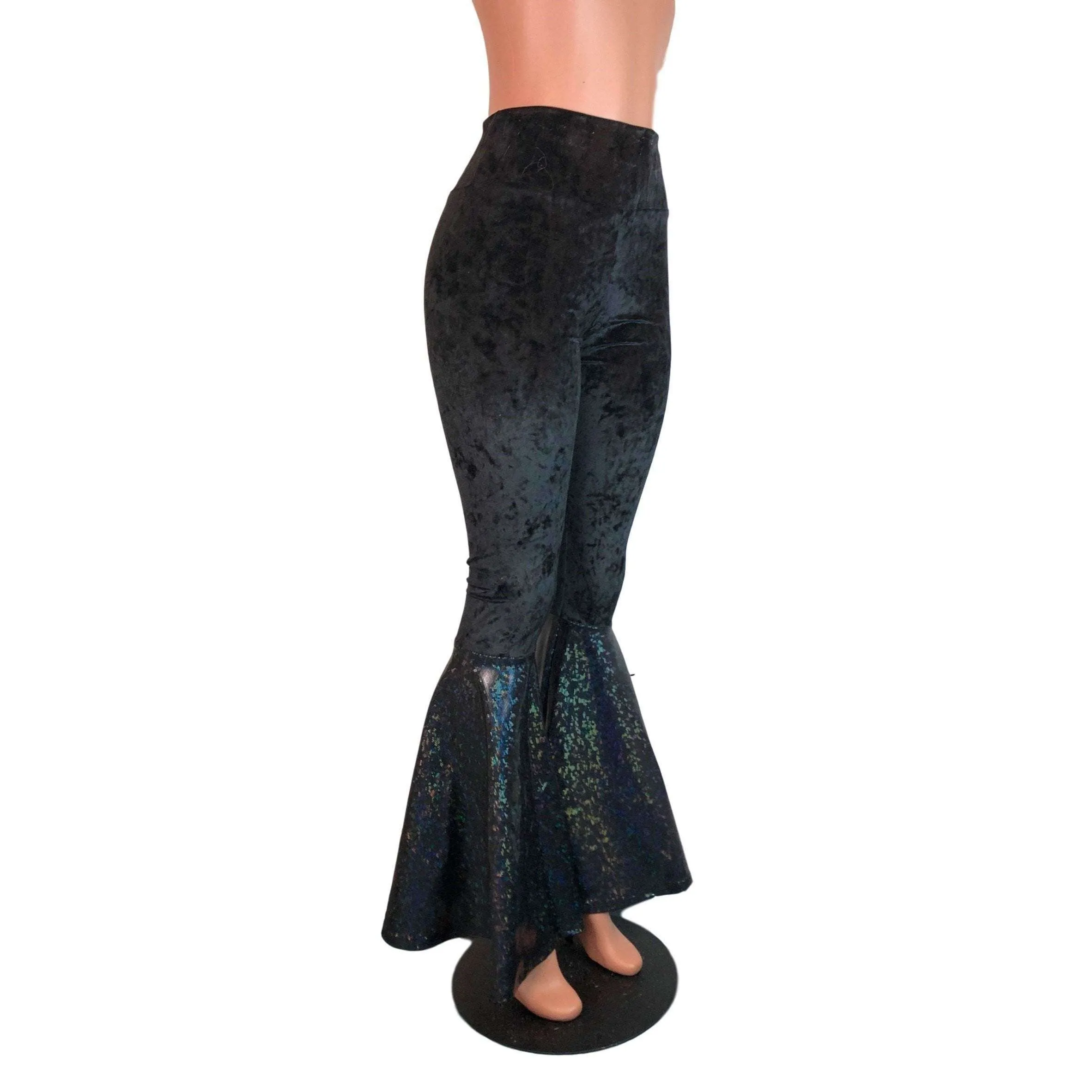 High Waist Bell Bottoms - Black Crushed Velvet w/ Black Shattered Glass