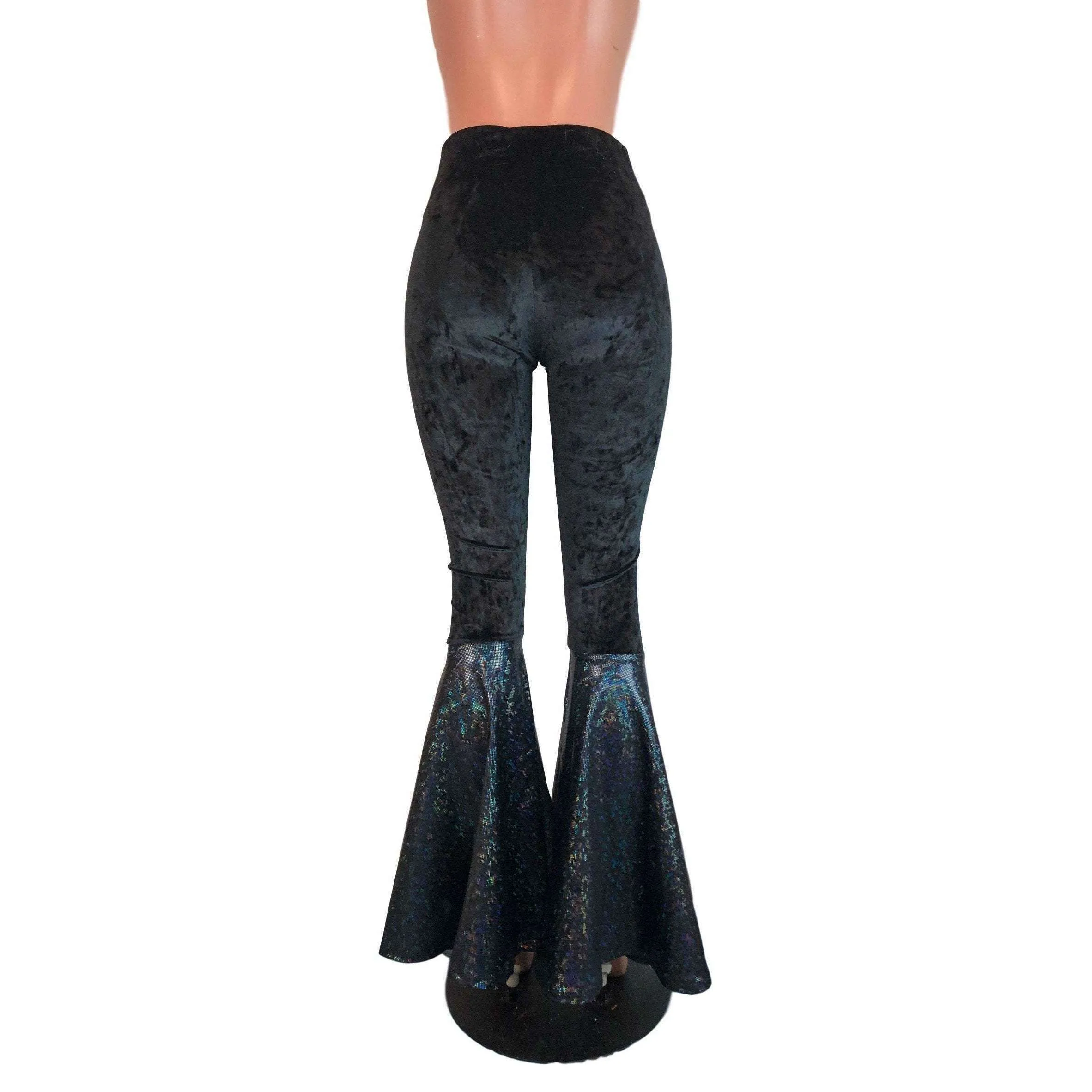 High Waist Bell Bottoms - Black Crushed Velvet w/ Black Shattered Glass