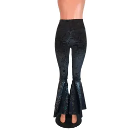 High Waist Bell Bottoms - Black Crushed Velvet w/ Black Shattered Glass