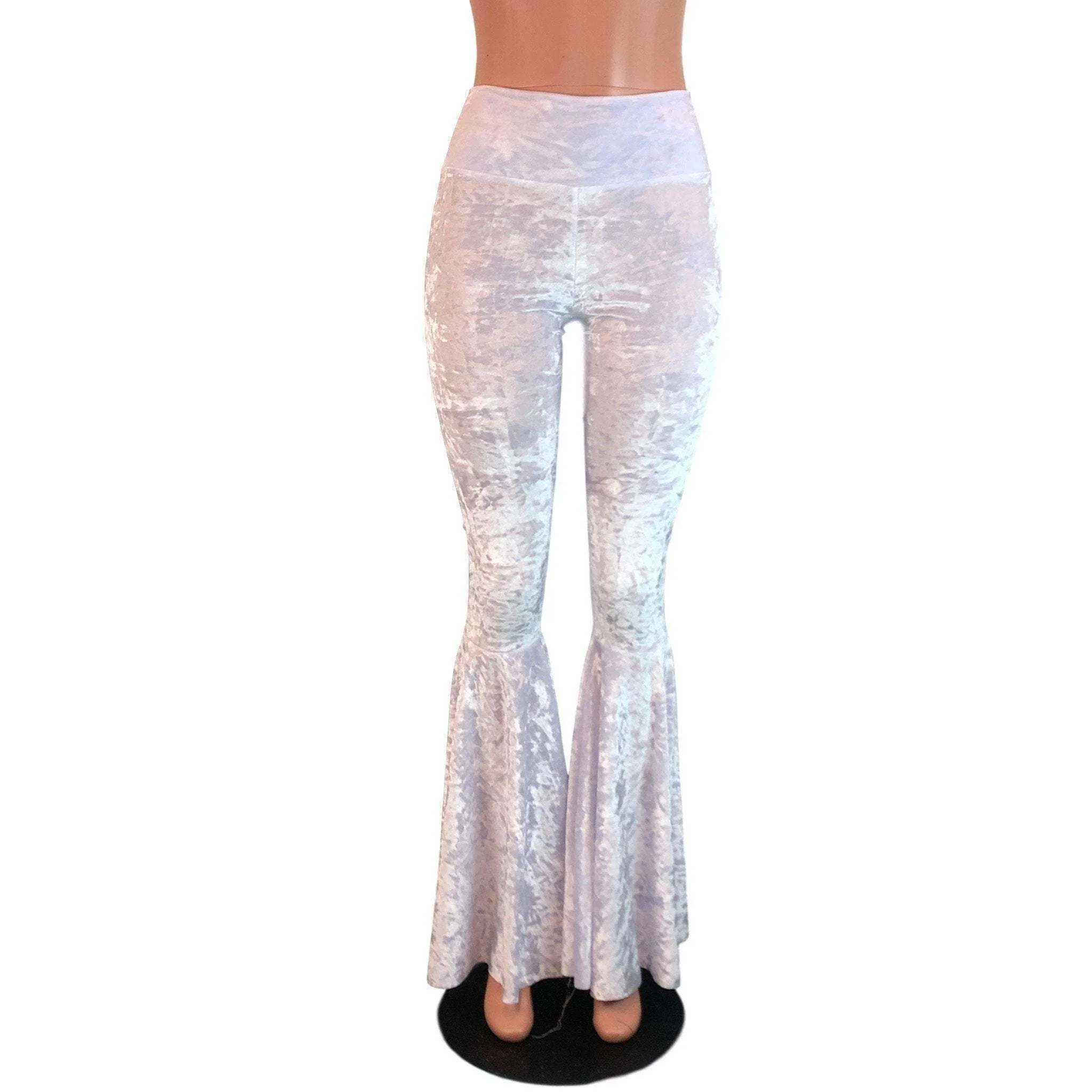 High Waisted Bell Bottom Flares - White Crushed Velvet