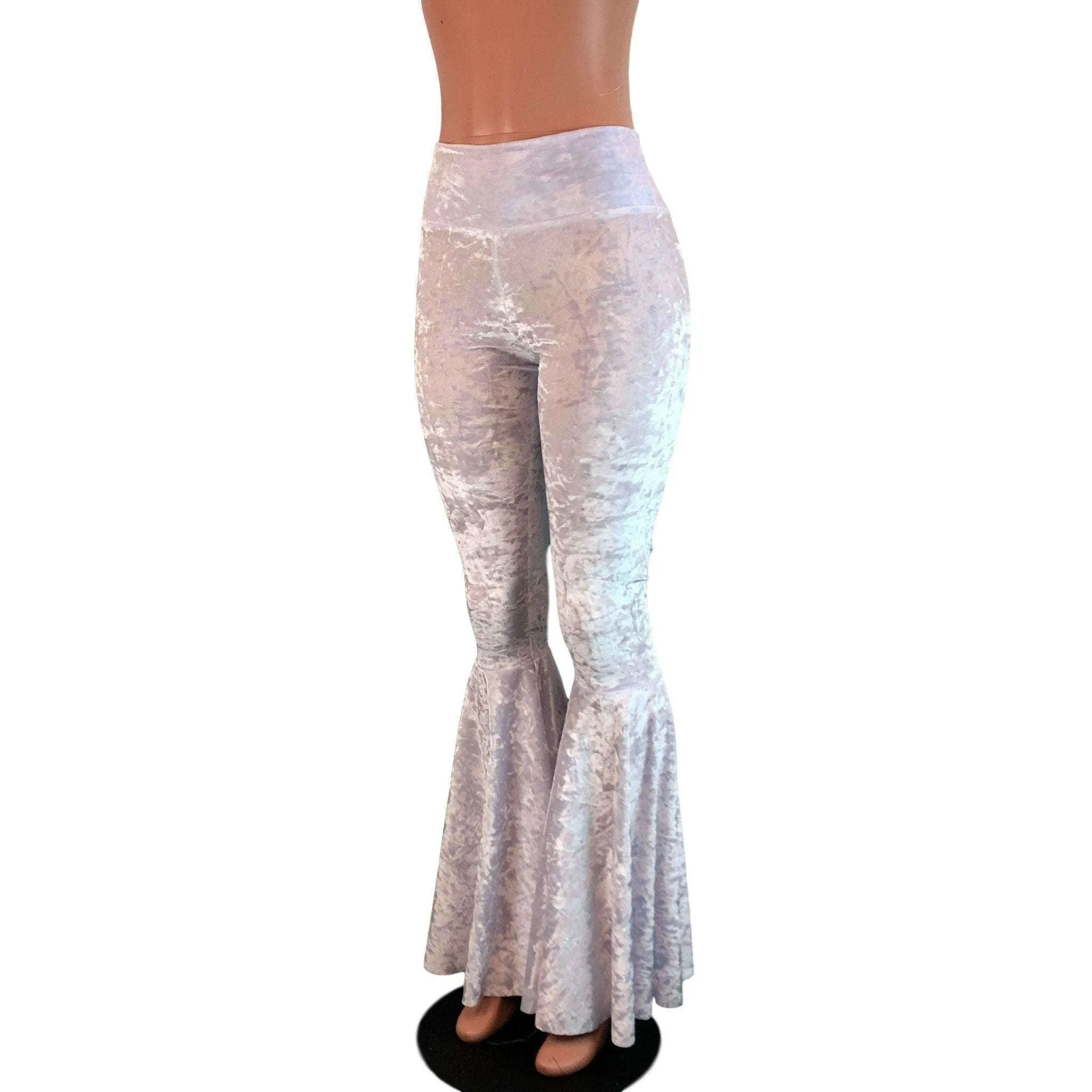 High Waisted Bell Bottom Flares - White Crushed Velvet