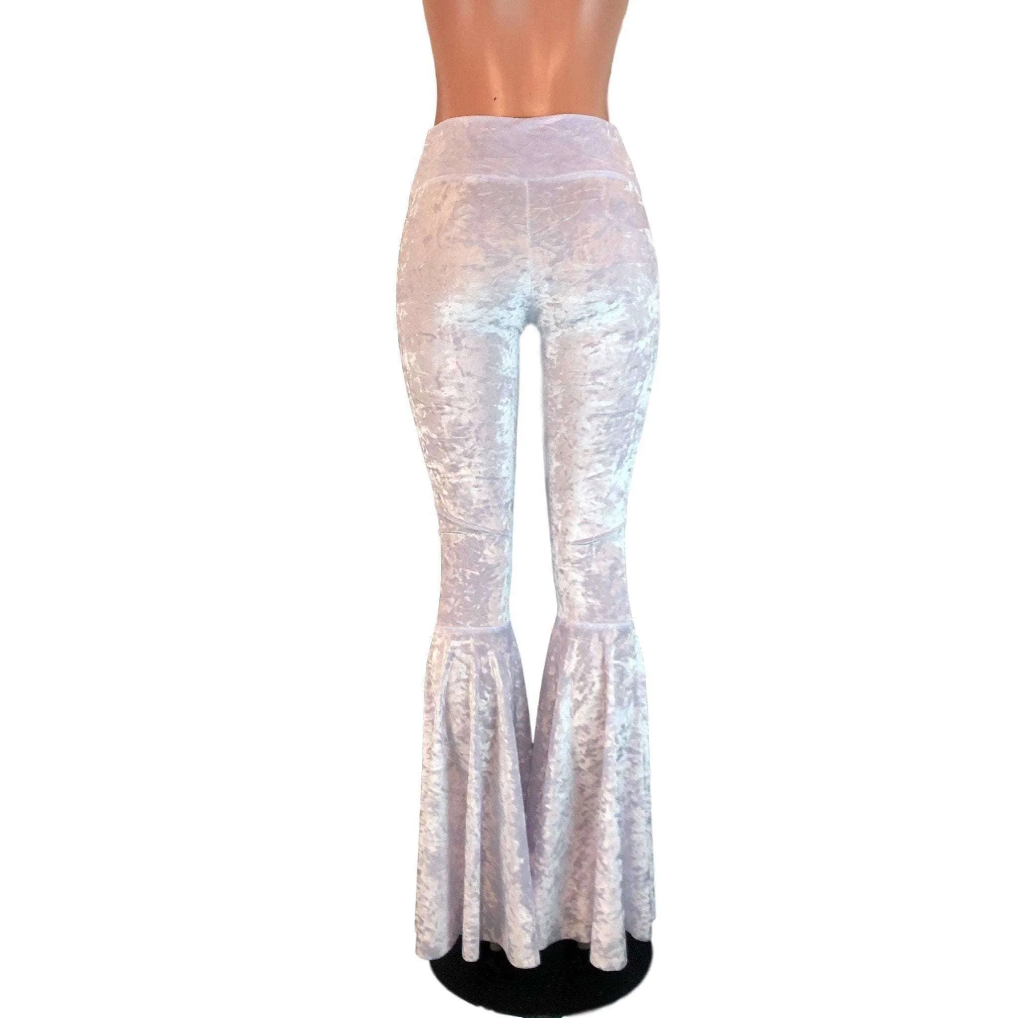 High Waisted Bell Bottom Flares - White Crushed Velvet