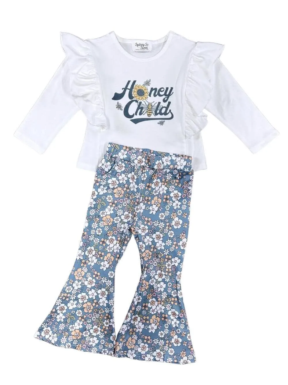 Honey Child Blue Retro Floral Girls Bell Bottom Outfit