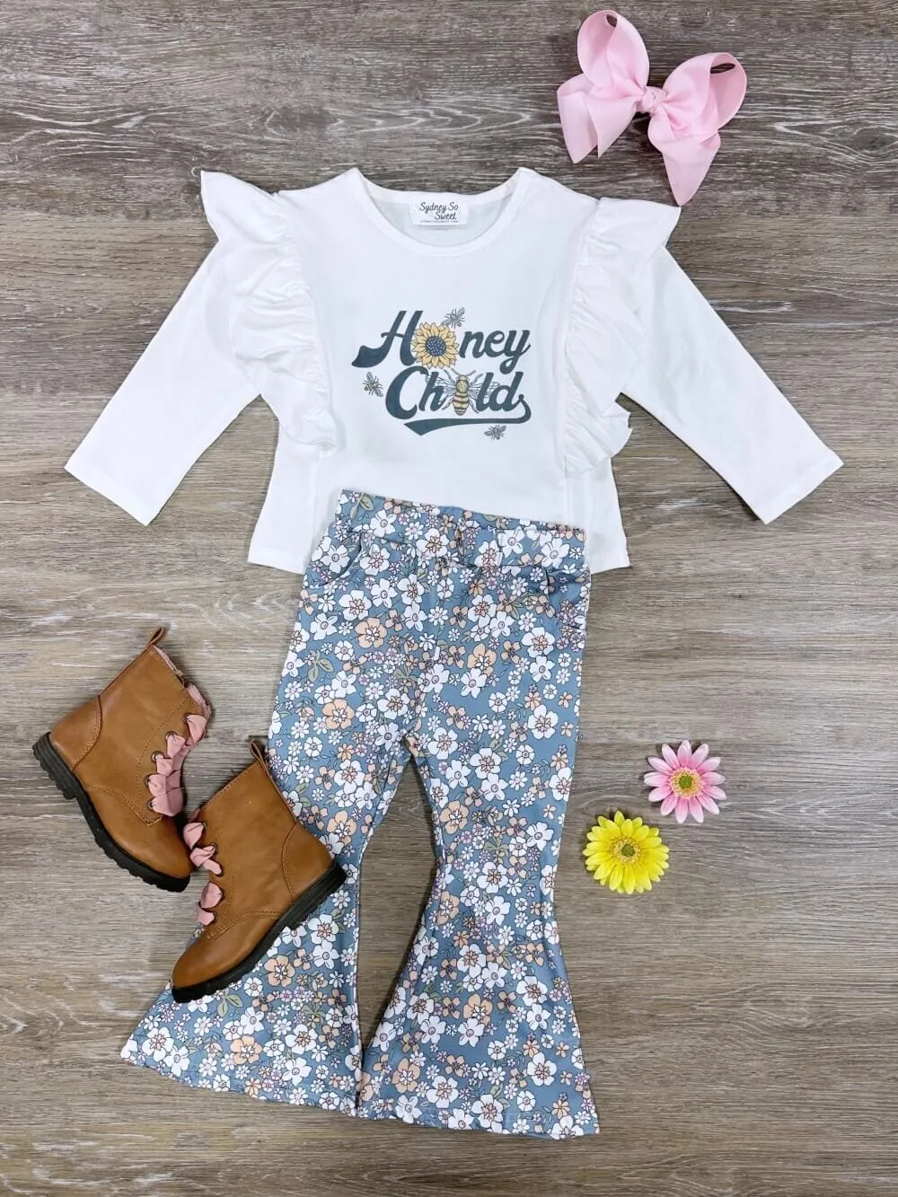 Honey Child Blue Retro Floral Girls Bell Bottom Outfit