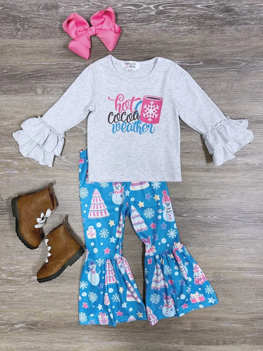 Hot Cocoa Weather Blue & Gray Girls Bell Bottom Outfit