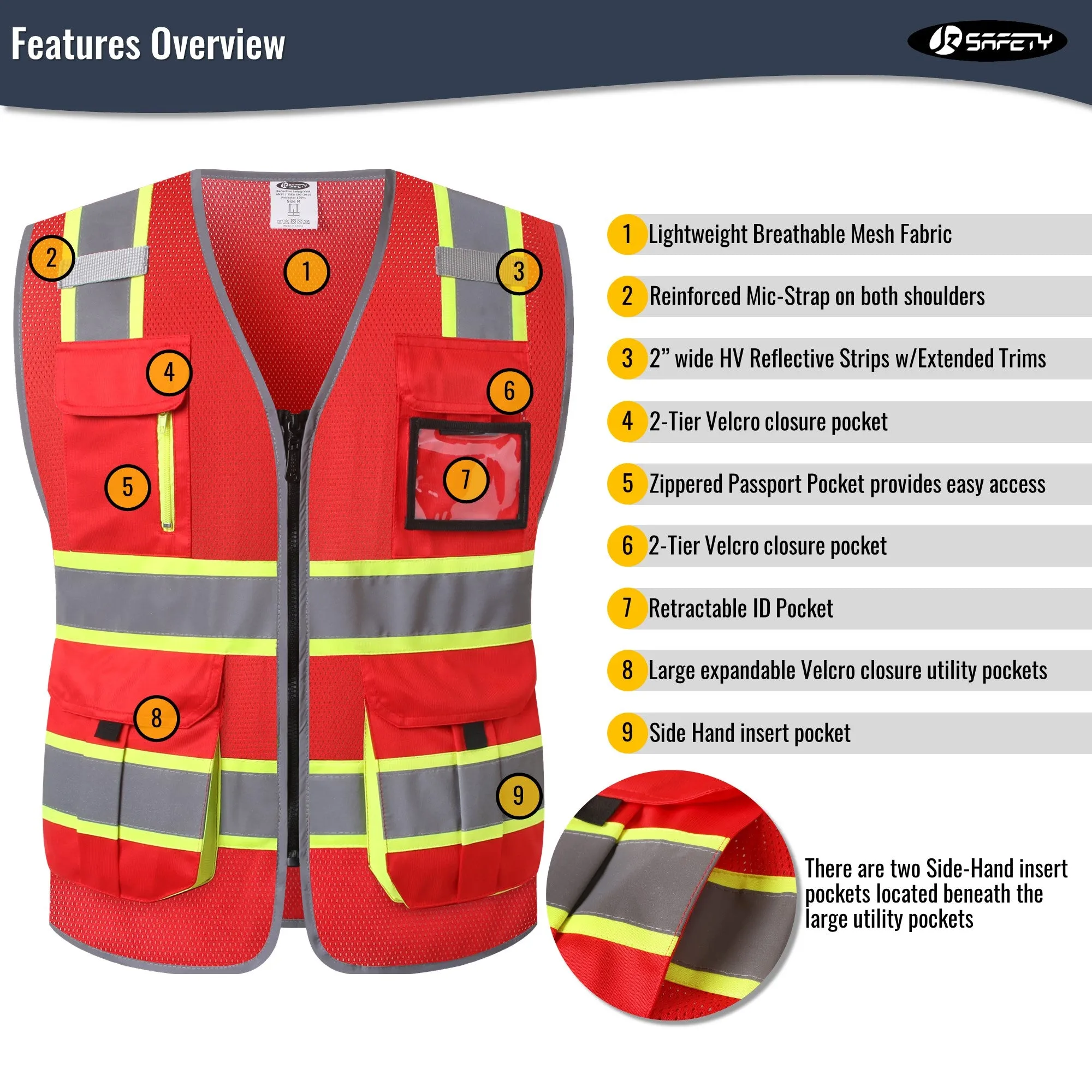 JKSafety 9 Pockets Hi-Vis Mesh Safety Vest, Two-Tone (JK140)