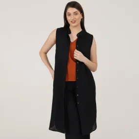 Linen Black Long Tunic Shirt | Sleeveless