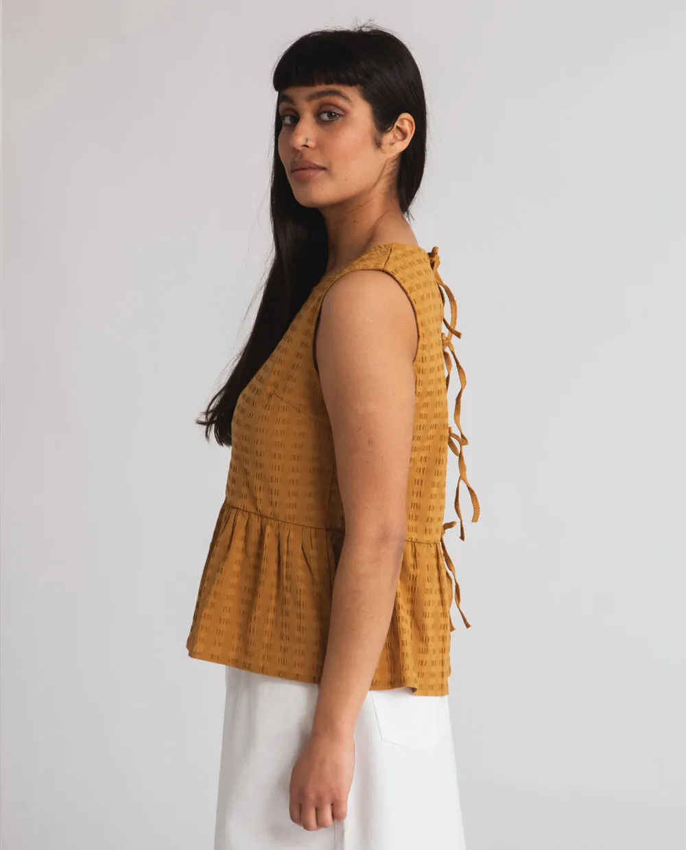 Marcia Cotton Seersucker Top In Burnt Ochre