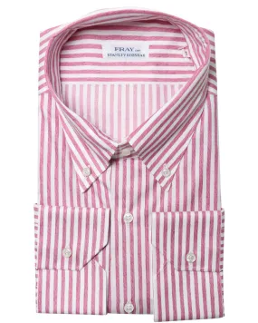 Maroon and White Wide Striped Cotton Blend Dress Shirt