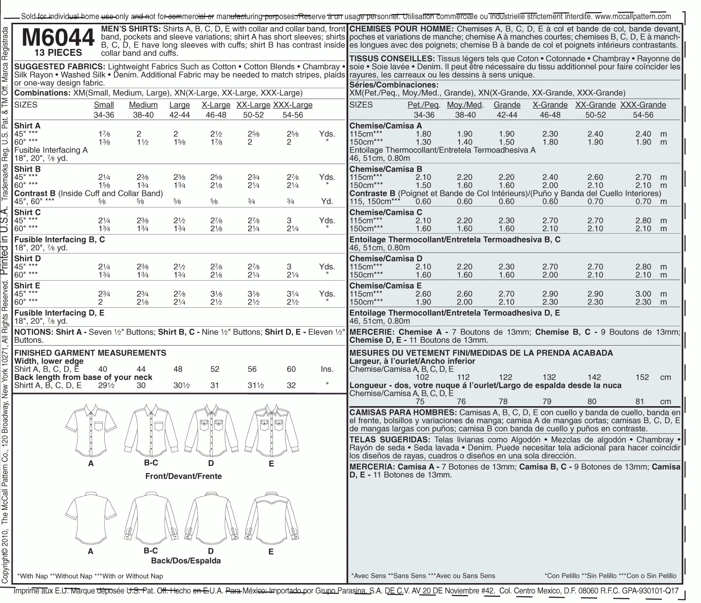 McCall's Pattern M6044 Men's Shirts