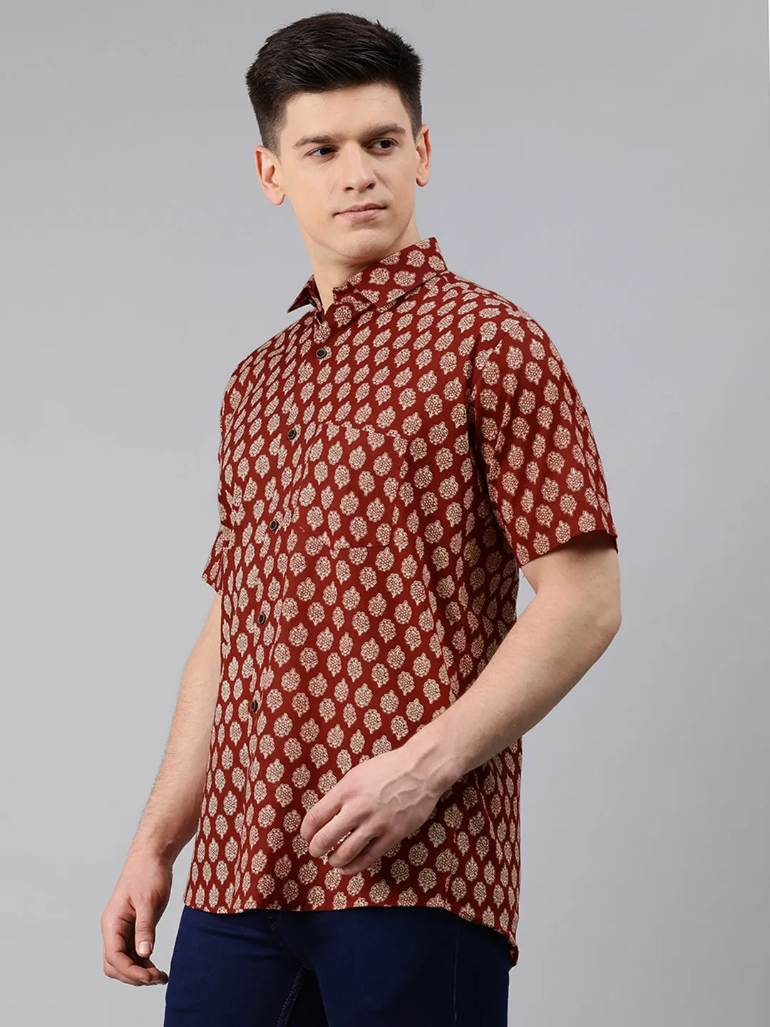 Men's Maroon Cotton Short Sleeves Shirts For Men - Taantav