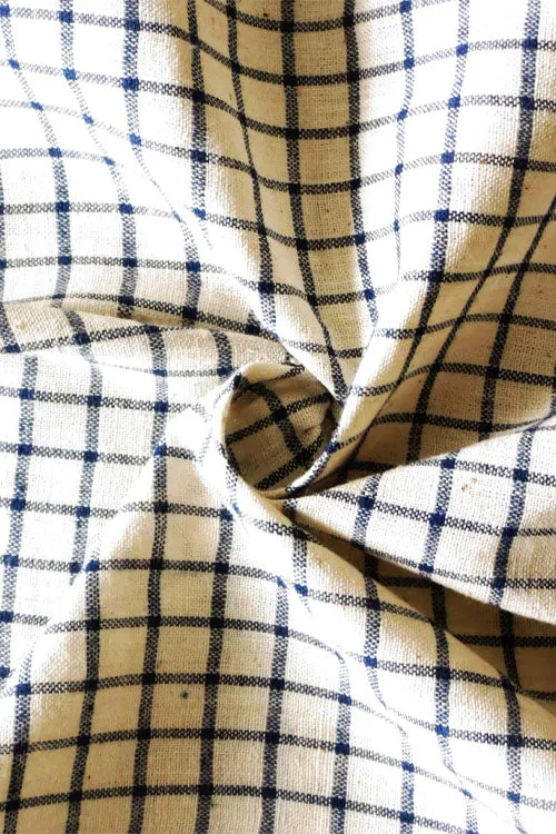 Moralfibre Fabric Is 100% Cotton Organic Handspun Handwoven, Cream & Blue Organic Or Natural  Yarn Dyed Checks Fabric