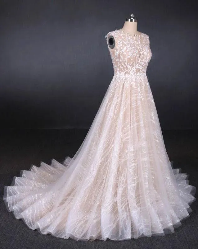 Puffy Lace Off White Wedding Dresses, Elegant A Line Backless Bridal Dresses SWK15311