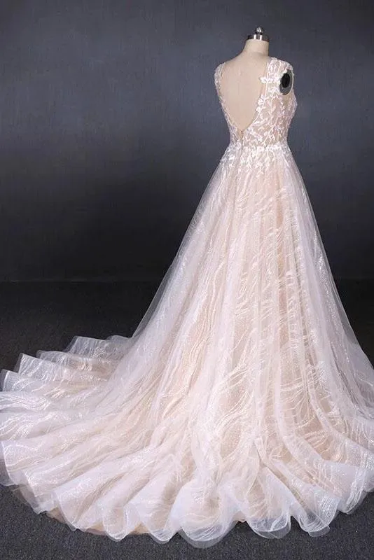 Puffy Lace Off White Wedding Dresses, Elegant A Line Backless Bridal Dresses SWK15311