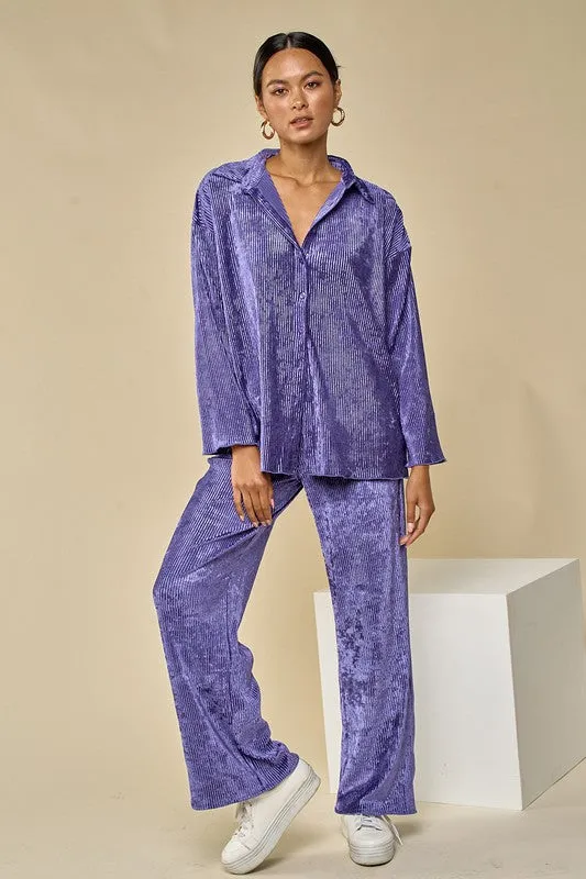 Purple Velvet Pleated Collar Shirts& Wide Leg Pants Set