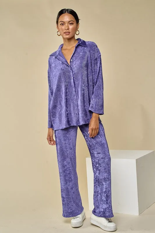 Purple Velvet Pleated Collar Shirts& Wide Leg Pants Set