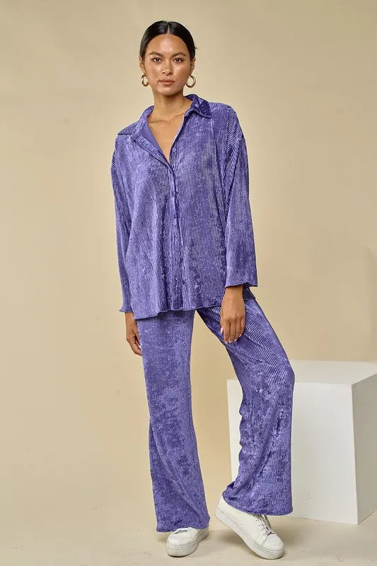 Purple Velvet Pleated Collar Shirts& Wide Leg Pants Set