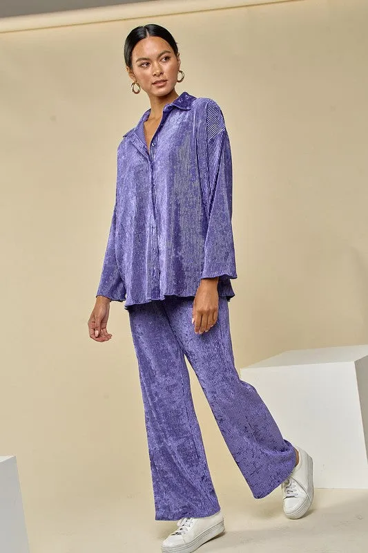 Purple Velvet Pleated Collar Shirts& Wide Leg Pants Set