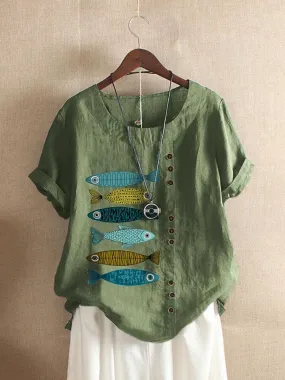 Retro cotton and linen print loose casual shirt