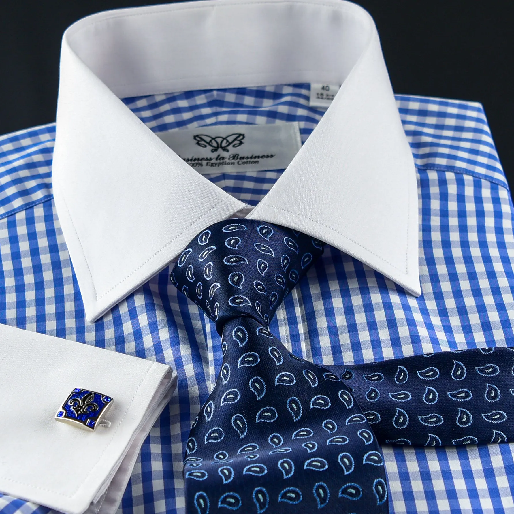 Serene Blue Checkered White Contrast Cuff Formal Business Button Down Dress Shirt