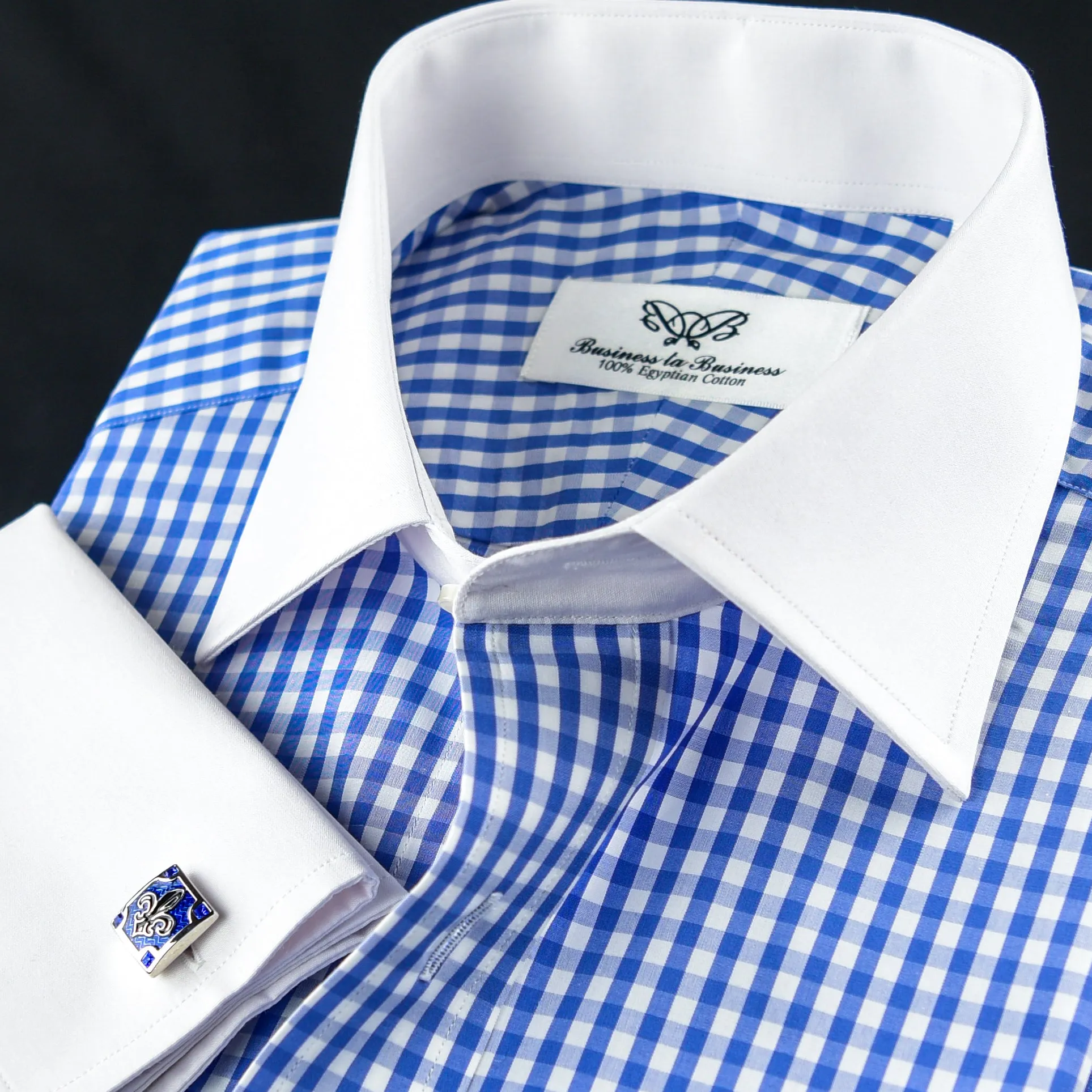 Serene Blue Checkered White Contrast Cuff Formal Business Button Down Dress Shirt