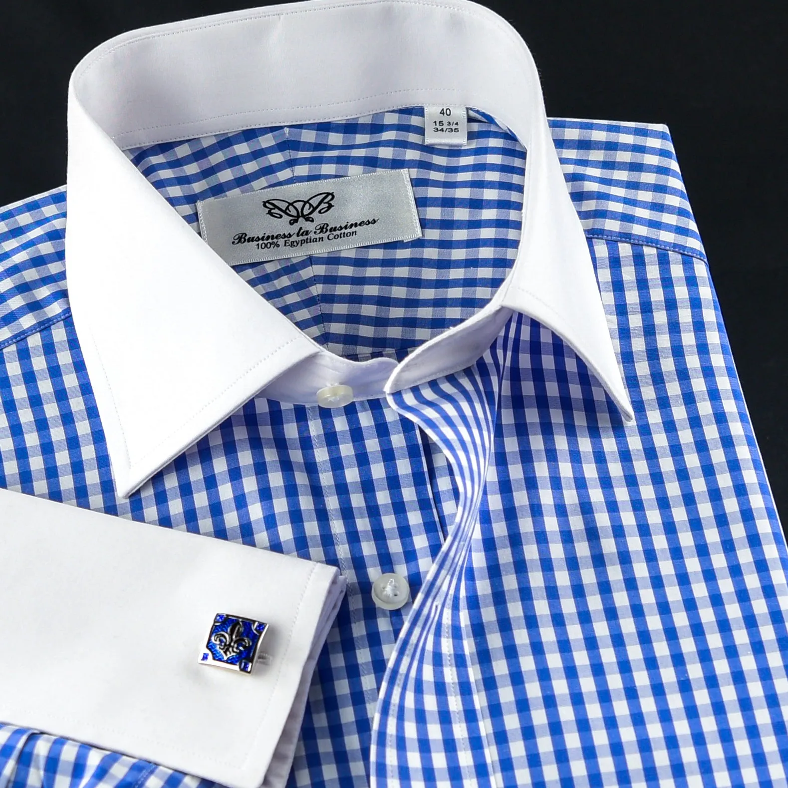 Serene Blue Checkered White Contrast Cuff Formal Business Button Down Dress Shirt