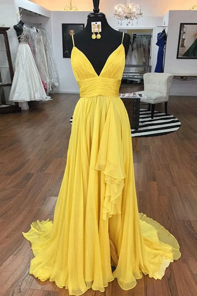 Simple Spaghetti Straps A Line Yellow Ruffles V Neck Prom Dresses, Evening Dresses SWK15400