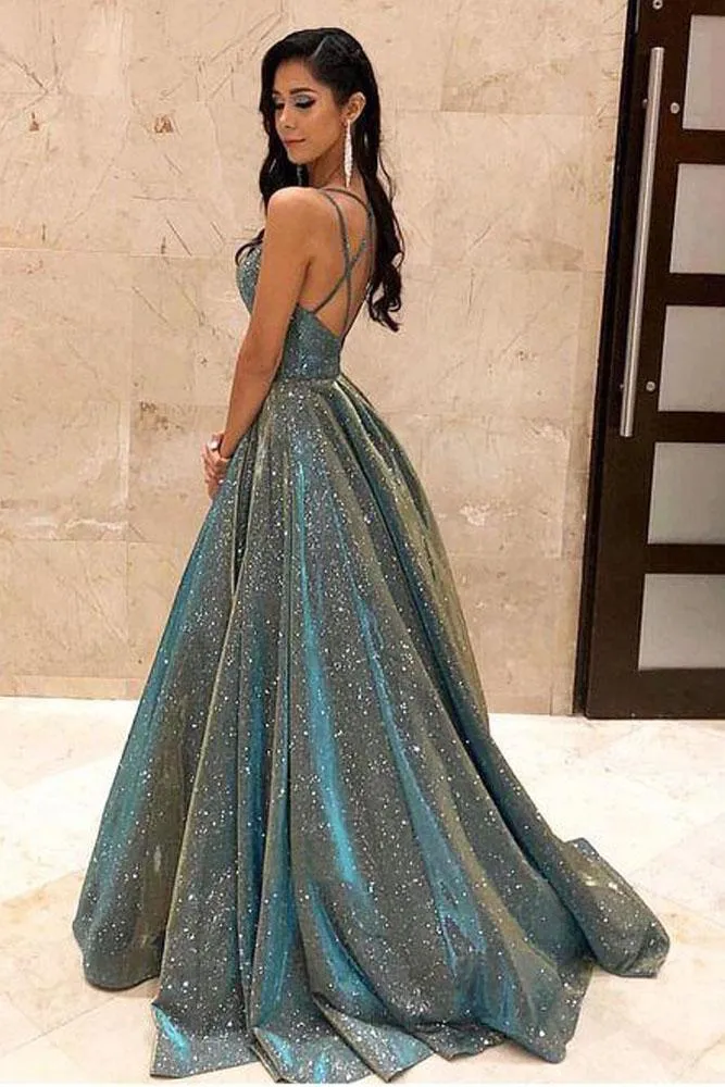 Sparkly Spaghetti Straps Green Sequins Prom Dresses, Backless Party Dresses SWK15431