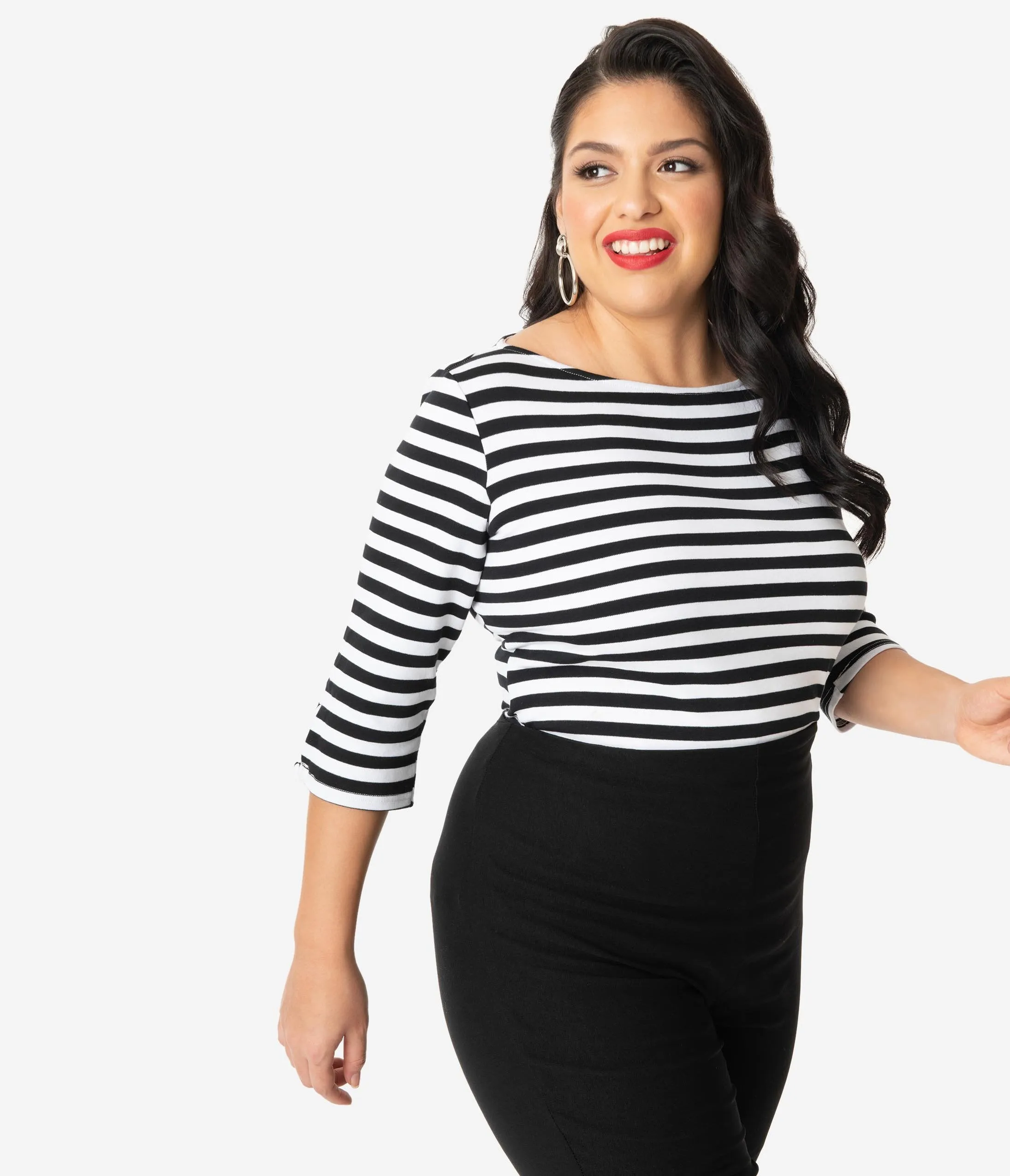 Unique Vintage Plus Size Black & White Stripe Three-Quarter Sleeve Gracie Top