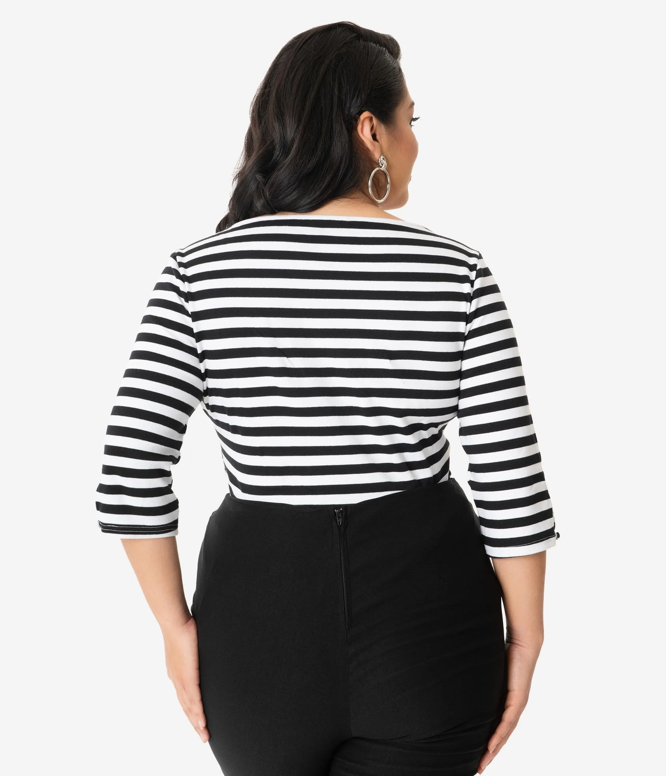 Unique Vintage Plus Size Black & White Stripe Three-Quarter Sleeve Gracie Top