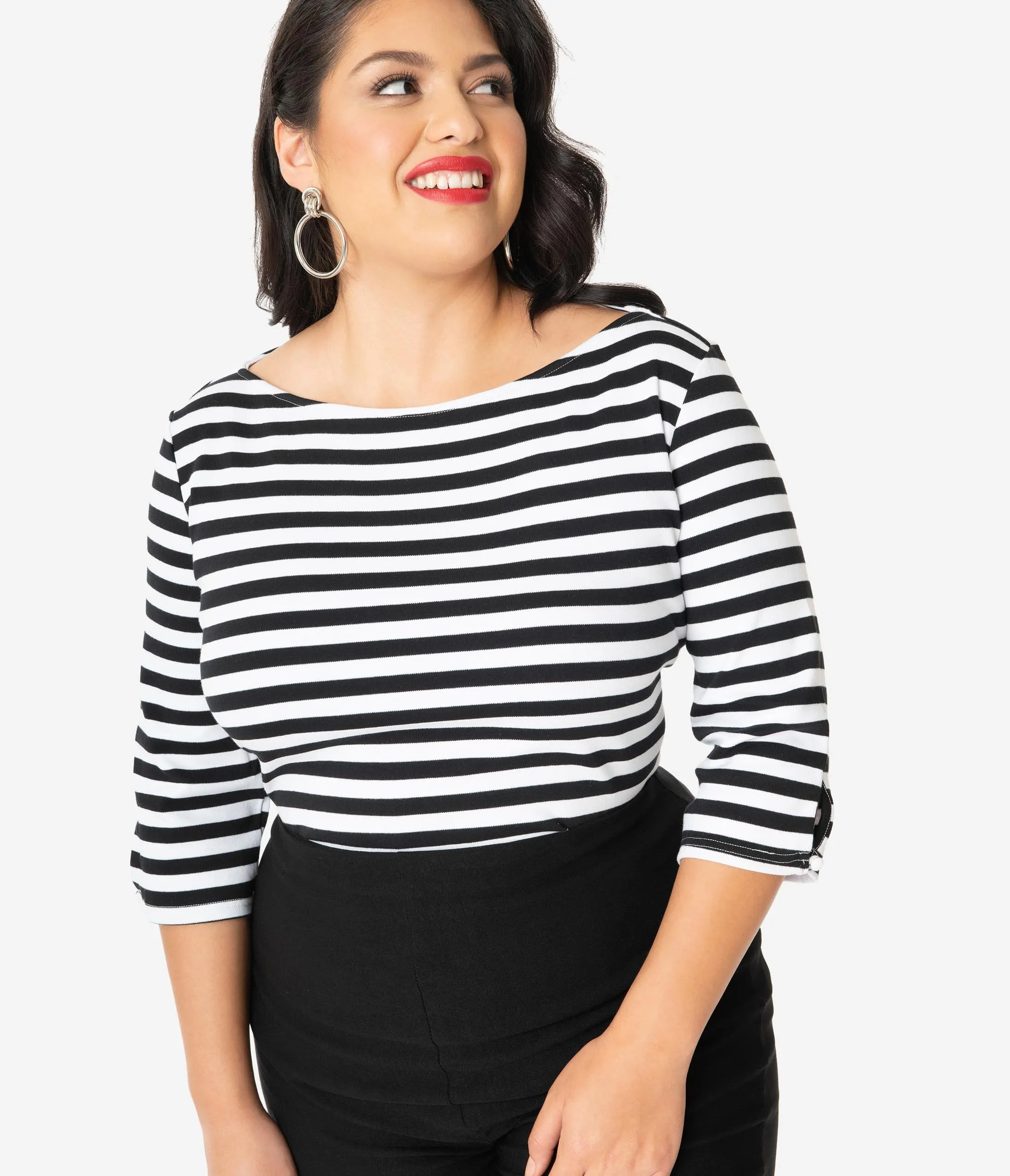 Unique Vintage Plus Size Black & White Stripe Three-Quarter Sleeve Gracie Top