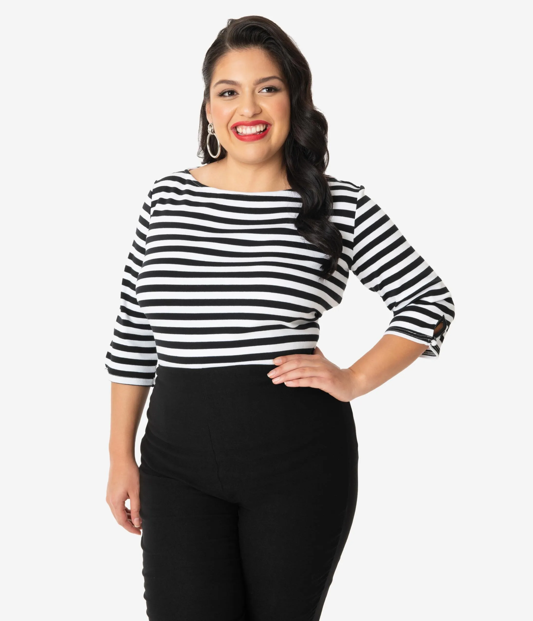 Unique Vintage Plus Size Black & White Stripe Three-Quarter Sleeve Gracie Top