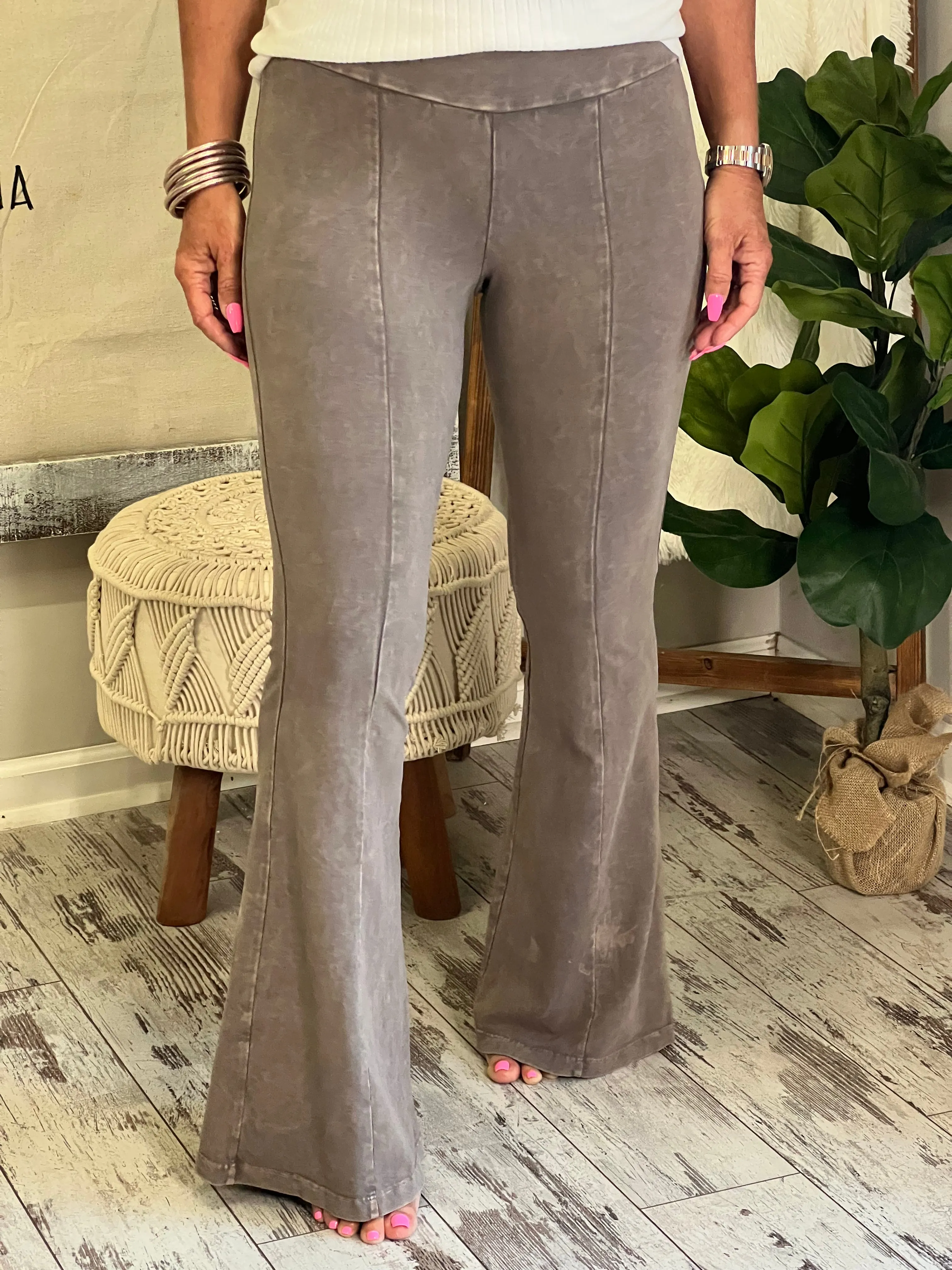 Washed Bell Bottom Front Seam Flare Pants in Taupe