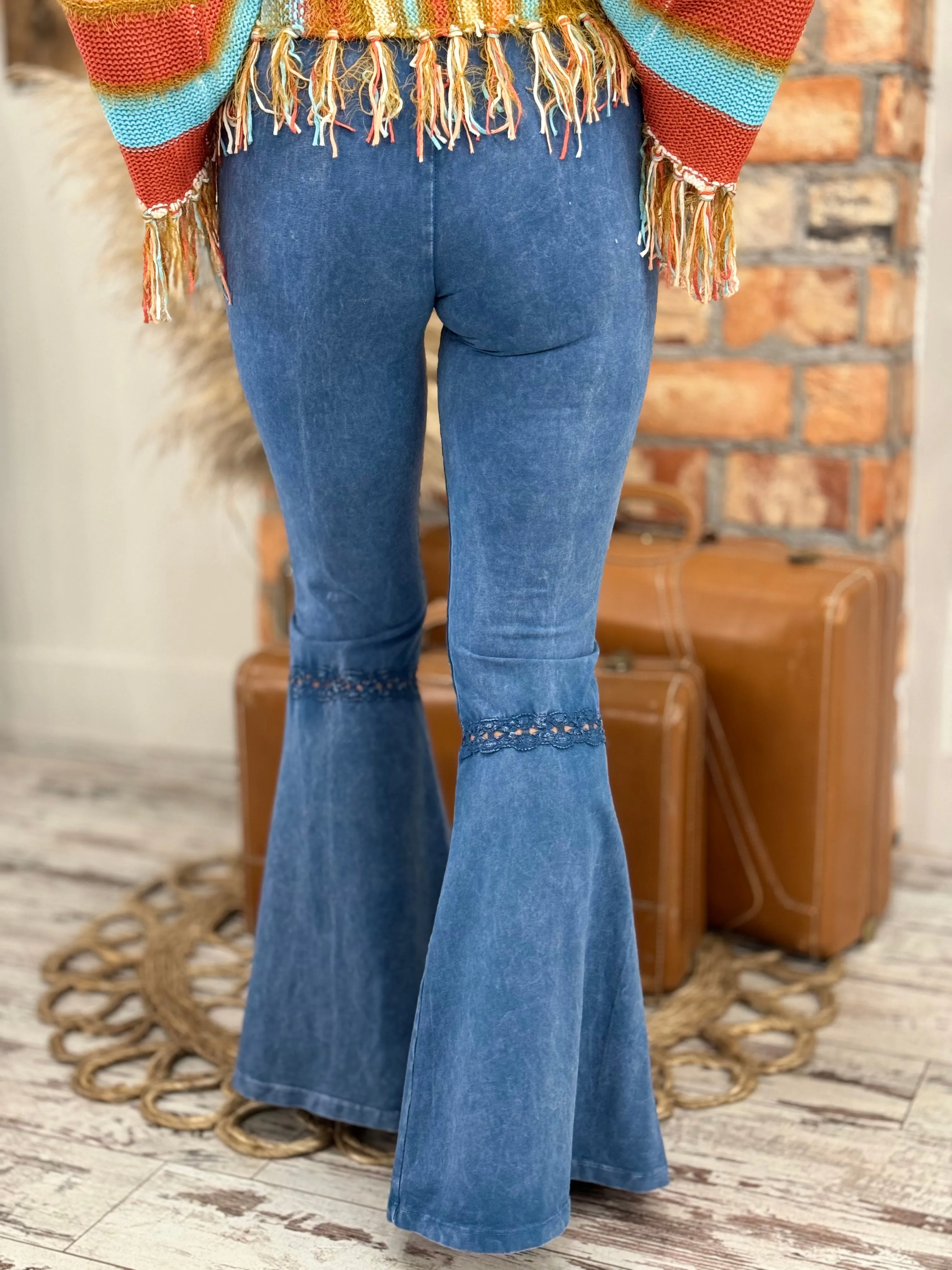 Washed Crochet Lace Bell Bottom Flare Pants in Light Denim