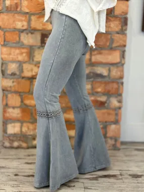 Washed Crochet Lace Bell Bottom Flare Pants in Light Grey